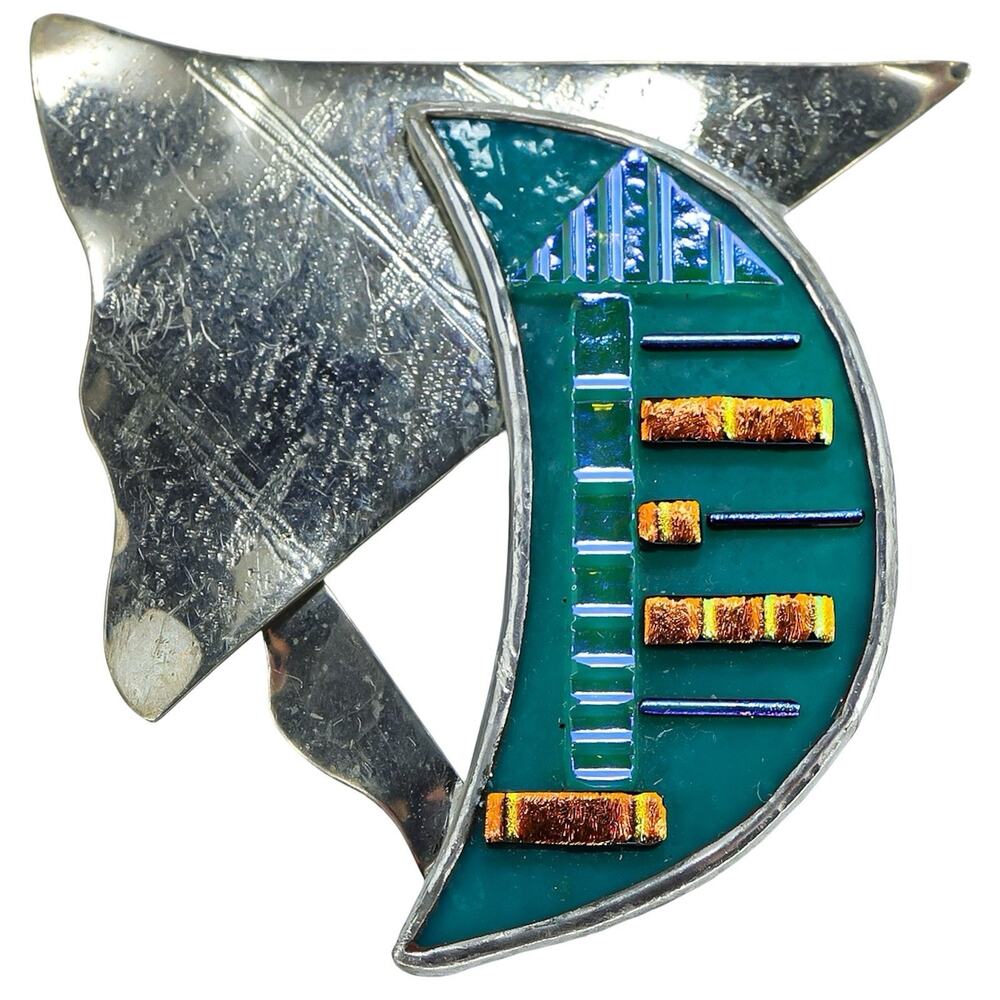 Vintage Artisan Studio Abstract Modernist Metal And Dichroic Glass Brooch 2.5 In